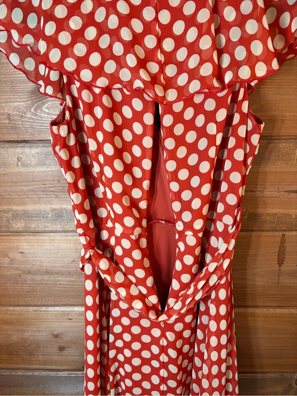 Connected Apparel Rust Orange Polka Dot Faux Wrap Midi Dress Tie Waist Size 8 🧡